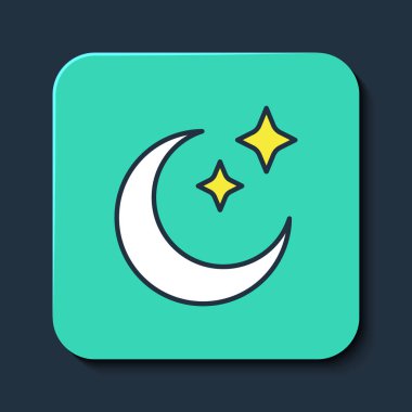 Doldurulmuş Ay ve yıldız simgesi mavi arkaplanda izole edildi. Bulutlu gece işareti. Uyku rüyalarının sembolü. Dolunay. Gece ya da yatak zamanı tabelası. Turkuaz kare düğme. Vektör