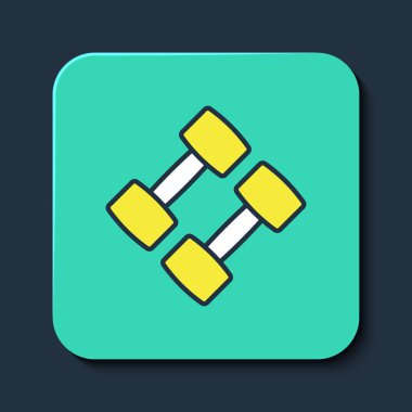 Doldurulmuş Dumbbell simgesi mavi arkaplanda izole edildi. Kas kaldırma, fitness halteri, spor malzemeleri. Turkuaz kare düğme. Vektör