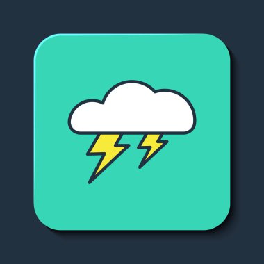 Mavi arkaplanda Storm simgesi izole edildi. Bulut ve şimşek işareti. Fırtınanın hava durumu ikonu. Turkuaz kare düğme. Vektör