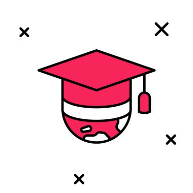 Beyaz arkaplanda izole edilmiş dünya ikonunun ana hatları mezuniyet kapağı. Dünya eğitim sembolü. Çevrimiçi öğrenme ya da e-öğrenme kavramı. Vektör