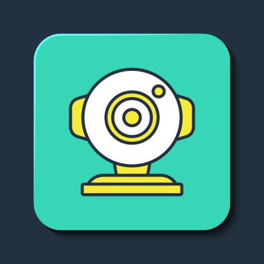 Doldurulmuş web kamera simgesi mavi arkaplanda izole edildi. Sohbet kamerası. Web kamerası simgesi. Turkuaz kare düğme. Vektör