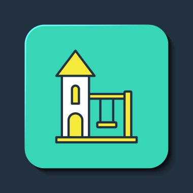 Ana hatlarıyla doldurulmuş. Çocuklar için yaz oyunları için salıncak mavi arka planda izole edilmiş oyun alanı ikonu. Açık hava eğlence ekipmanları. Turkuaz kare düğme. Vektör