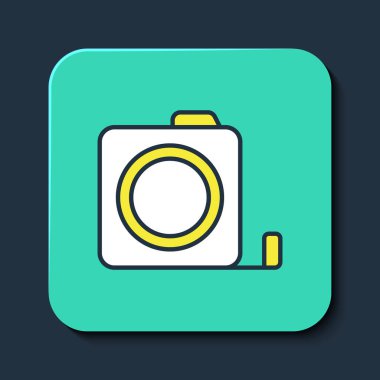 Doldurulmuş rulet yapı ikonu mavi arka planda izole edildi. Mezura ölçüm sembolü. Turkuaz kare düğme. Vektör