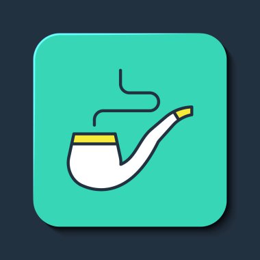 Mavi arka planda izole edilmiş duman simgesiyle doldurulmuş sigara piposu. Tütün piposu. Turkuaz kare düğme. Vektör