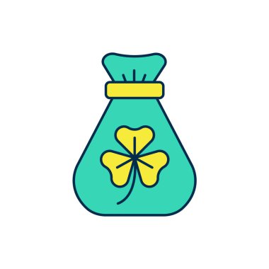 Beyaz arkaplanda izole edilmiş yonca folyo yaprağı ikonu ile para çantası doldurulmuş. Aziz Patrick gününüz kutlu olsun. Ulusal İrlanda bayramı. Vektör