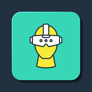 Doldurulmuş Sanal gerçeklik gözlüğü simgesi mavi arkaplanda izole edilmiş. Stereoskopik 3D VR maskesi. Optik baş monte edildi. Turkuaz kare düğme. Vektör