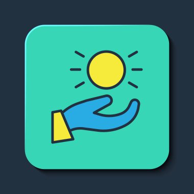 Mavi arka planda el simgesinin üzerinde yükselen ana hatlı top. Havalanma sembolü. Turkuaz kare düğme. Vektör