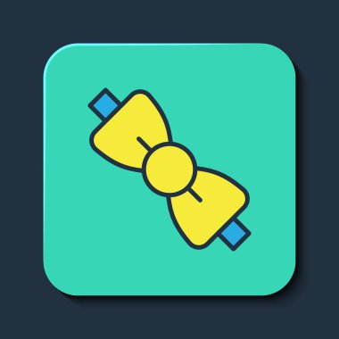 Doldurulmuş çizgili papyon simgesi mavi arkaplanda izole edildi. Turkuaz kare düğme. Vektör