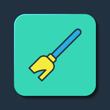 Cadı Süpürgesi ikonu mavi arka planda izole edildi. Mutlu Cadılar Bayramı Partisi. Turkuaz kare düğme. Vektör