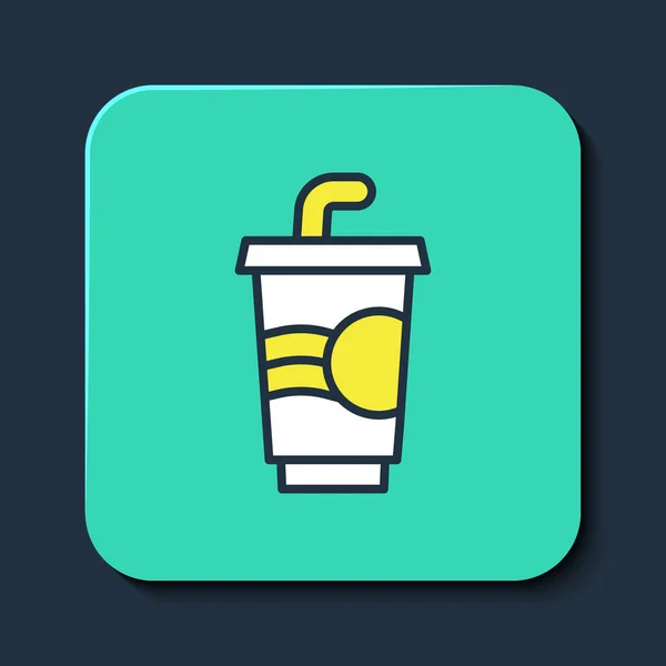 Filled outline Paper glass with drinking straw and water icon isolated on blue background. Soda drink glass. Fresh cold beverage symbol. Turquoise square button. Vector — 图库矢量图片
