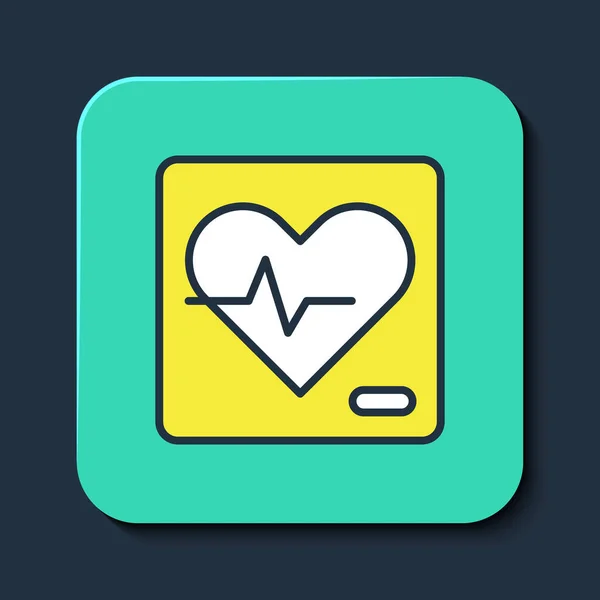 Filled outline Heart rate icon isolated on blue background. Heartbeat sign. Heart pulse icon. Cardiogram icon. Turquoise square button. Vector — Stock Vector