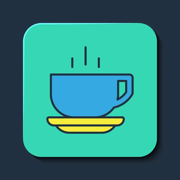 Gevulde omtrek Koffiebeker pictogram geïsoleerd op blauwe achtergrond. Theekopje. Warme drank koffie. Turkoois vierkante knop. Vector — Stockvector