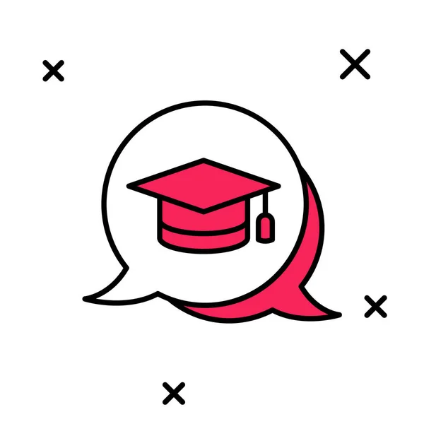 Gevulde omtrek Graduation cap in spraakbel pictogram geïsoleerd op witte achtergrond. Afstudeerhoed met kwastje icoon. Vector — Stockvector