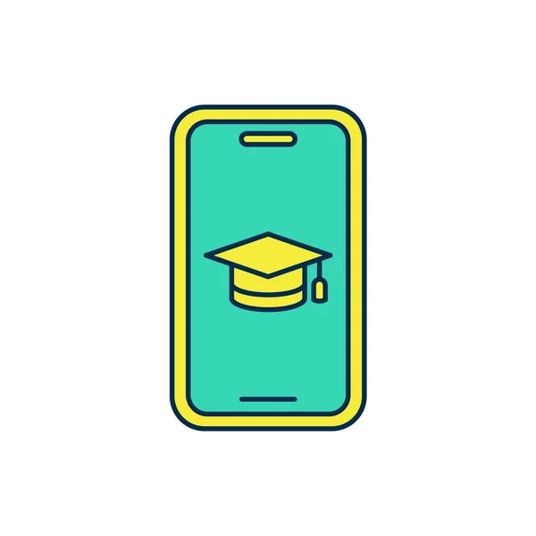 Plan rempli Casquette graduée sur écran icône smartphone isolé sur fond blanc. Concept d'apprentissage en ligne ou d'apprentissage en ligne. Vecteur — Image vectorielle