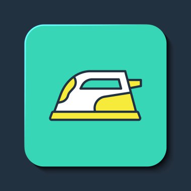 Mavi arka planda izole edilmiş elektrik direği simgesi. Buhar ütüsü. Turkuaz kare düğme. Vektör