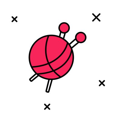 Beyaz arkaplanda izole edilmiş örgü iğneleriyle kaplanmış iplik yumağı. El yapımı, örgü ya da terzi için etiket. Vektör