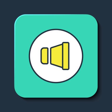 İçi doldurulmuş Hoparlör sesi, ses sembolü, mavi arkaplanda izole edilmiş medya müzik simgesi. Turkuaz kare düğme. Vektör