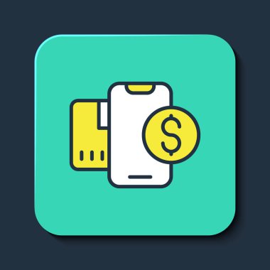 Mavi arka planda izole edilmiş dolar sembollü akıllı telefon. İnternetten alışveriş konsepti. Finansal cep telefonu simgesi. Çevrimiçi ödeme. Turkuaz kare düğme. Vektör