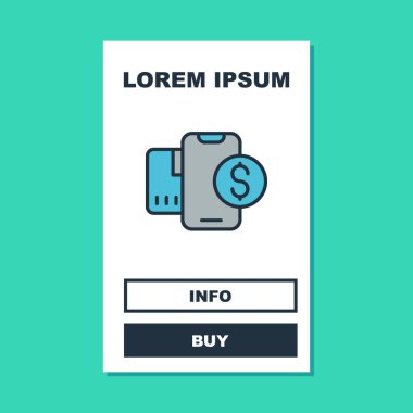Turkuaz arka planda izole edilmiş dolar sembollü akıllı telefon. İnternetten alışveriş konsepti. Finansal cep telefonu simgesi. Çevrimiçi ödeme. Vektör