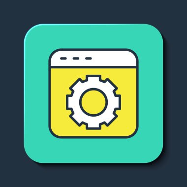 Doldurulmuş ana hat Tarayıcı ayarı simgesi mavi arkaplanda izole edildi. Ayarlama, servis, bakım, onarım, onarım. Turkuaz kare düğme. Vektör