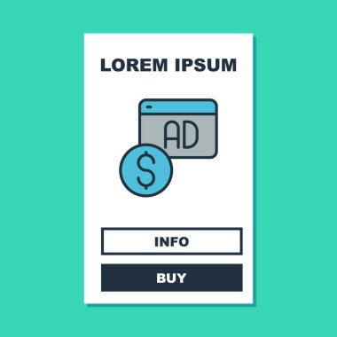 Doldurulmuş ana hat reklam simgesi turkuaz arka planda izole edildi. Pazarlama ve tanıtım süreci kavramı. İlgili reklamlar. Sosyal medya reklamcılığı. Vektör