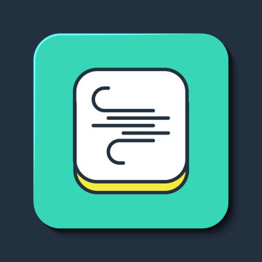 Doldurulmuş Rüzgar simgesi mavi arkaplanda izole edildi. Rüzgarlı bir hava. Turkuaz kare düğme. Vektör