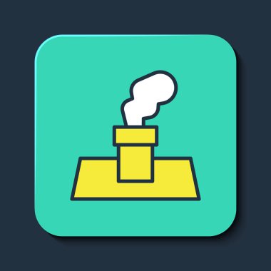 Mavi arka planda izole edilmiş ana hatlı Noel bacası simgesi. Mutlu Noeller ve mutlu yıllar. Turkuaz kare düğme. Vektör