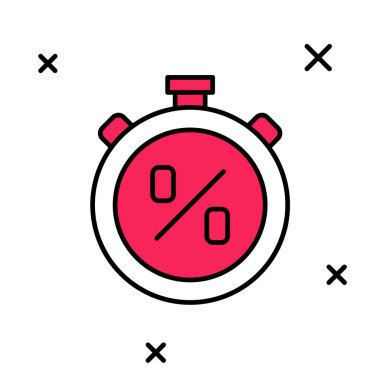 Beyaz arkaplanda yüzde yüz indirim simgesiyle ana hatlı Kronometreyi doldurdum. Zaman göstergesi. Vektör