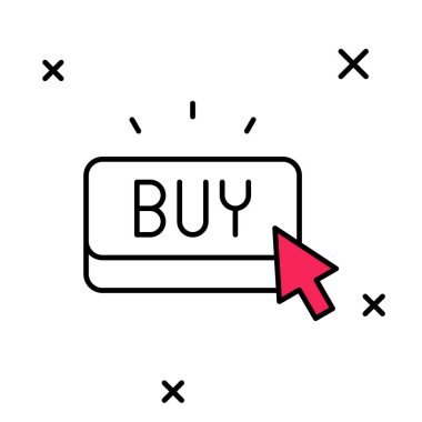 Doldurulmuş ana hatlı Buy düğmesi simgesi beyaz arkaplanda izole edildi. Vektör