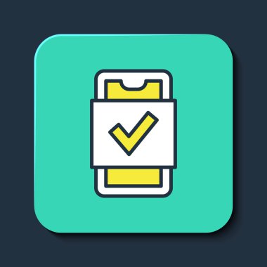 Doldurulmuş cep telefonu alışveriş simgesi mavi arka planda izole edilmiş. İnternetten satın alma sembolü. Süpermarket sepeti sembolü. Turkuaz kare düğme. Vektör