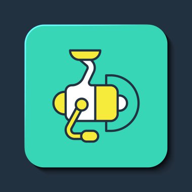 Mavi arka planda izole edilmiş balık ikonu için ana makarayı doldurdum. Balık bobini. Balık oltası. Turkuaz kare düğme. Vektör