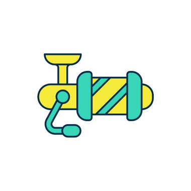 Beyaz arka planda izole edilmiş balık ikonu için ana makarayı doldurdum. Balık bobini. Balık oltası. Vektör