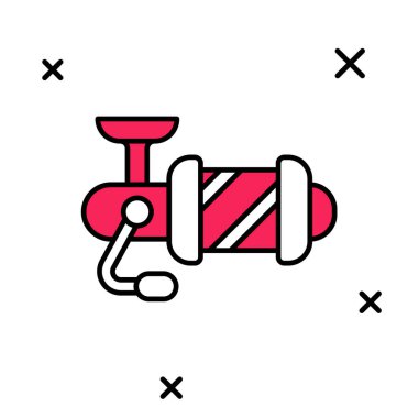 Beyaz arka planda izole edilmiş balık ikonu için ana makarayı doldurdum. Balık bobini. Balık oltası. Vektör