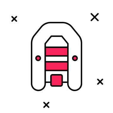 Beyaz arka planda izole edilmiş dıştaki motor ikonu ile doldurulmuş şişme bot. Vektör