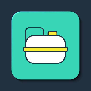 Mavi arka planda izole edilmiş benzin ikonu için ana hatlı teneke kutu. Dizel gaz ikonu. Turkuaz kare düğme. Vektör