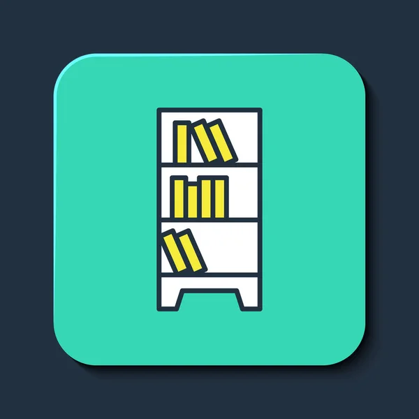 Заполненная очертания иконка книжной полки библиотеки изолирована на синем фоне. Кнопка бирюзового цвета. Вектор — стоковый вектор
