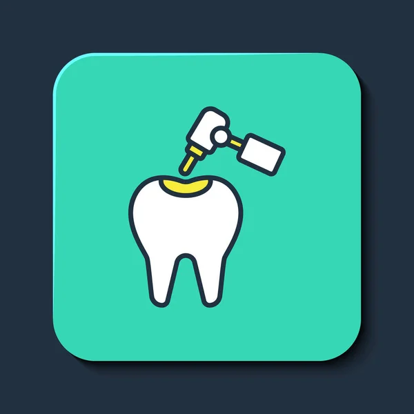 Filled outline Tooth with caries and tooth drill icon isolated on blue background. Tooth decay. Turquoise square button. Vector — Stock vektor