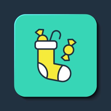 Doldurulmuş Noel çorabı ikonu mavi arka planda izole edilmiş. Mutlu Noeller ve mutlu yıllar. Turkuaz kare düğme. Vektör.