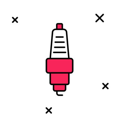 Doldurulmuş ana hatlı Buji simgesi beyaz arkaplanda izole edildi. Araba elektrikli mumu. Vektör.