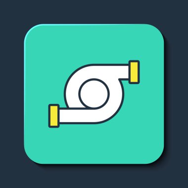 Doldurulmuş otomotiv turbo şarj ikonu mavi arkaplanda izole edildi. Araç performans turboyu. Turbo kompresör indüksiyonu. Turkuaz kare düğme. Vektör.