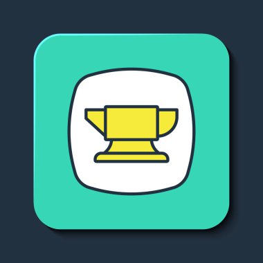 Mavi arkaplanda izole edilmiş ana hatlı demirci örs aracı simgesi. Metal dövmesi. Kalpazanlık aleti. Turkuaz kare düğme. Vektör.