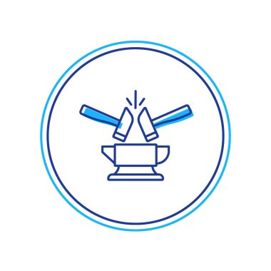 Ana hatları doldurulmuş demirci örs aracı ve çekiç simgesi beyaz arkaplanda izole edilmiş. Metal dövmesi. Kalpazanlık aleti. Vektör.