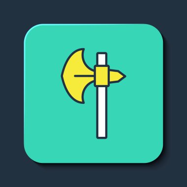 Mavi arkaplanda izole edilmiş Ortaçağ balta simgesi. Savaş baltası, cellat baltası. Ortaçağ silahı. Turkuaz kare düğme. Vektör.