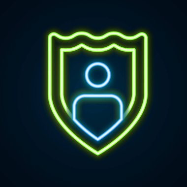 Siyah arka planda izole edilmiş kalkan ikonu ile parlayan neon hattı hayat sigortası. Güvenlik, güvenlik, koruma, konsept koruma. Renkli taslak konsepti. Vektör.