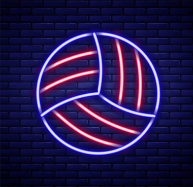Parlayan neon hattı voleybol ikonu tuğla duvar arkasında izole edilmiş. Spor malzemeleri. Renkli taslak konsepti. Vektör.