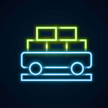 Parlayan neon hattı kargo vagonu simgesi siyah arka planda izole edildi. Tam yük vagonu. Demiryolu taşımacılığı. Renkli taslak konsepti. Vektör.