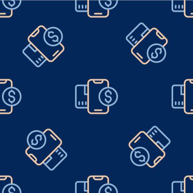 Dolar sembolü simgesi olan çizgi akıllı telefonu mavi arka planda izole edilmiş kusursuz desen. İnternetten alışveriş konsepti. Finansal cep telefonu simgesi. Çevrimiçi ödeme. Vektör.