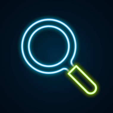 Parlayan neon çizgisi büyüteç simgesi siyah arkaplanda izole edildi. Arama, odaklanma, yakınlaştırma, iş sembolü. Renkli taslak konsepti. Vektör.