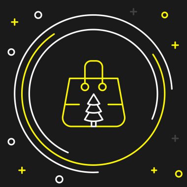 Siyah arka planda izole edilmiş kar tanesi ikonu olan çizgi Noel kâğıdı alışveriş çantası. Paket işareti. Mutlu Noeller ve mutlu yıllar. Renkli taslak konsepti. Vektör.