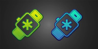 Yeşil ve mavi akıllı saat siyah arkaplanda kalp atış hızı ikonunu gösteriyor. Fitness uygulaması konsepti. Vektör.